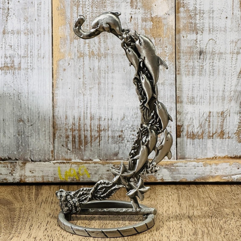 Pewter Look Hanging Tealight Hook Candle Holder 3-D Dolphins Ocean Theme